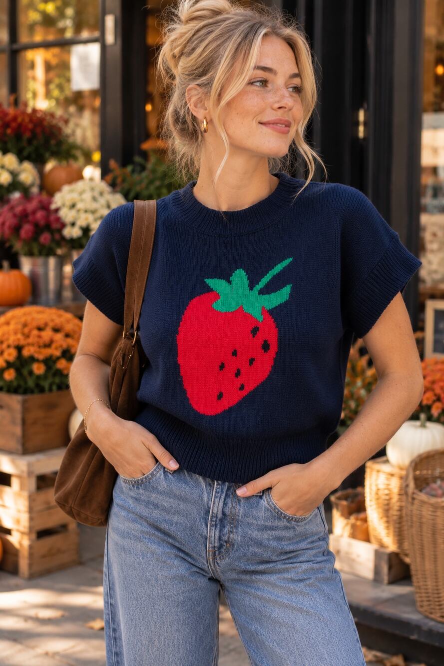 Blu Pepper Strawberry Graphic Knit Short Sleeve Sweater Size Large NWT